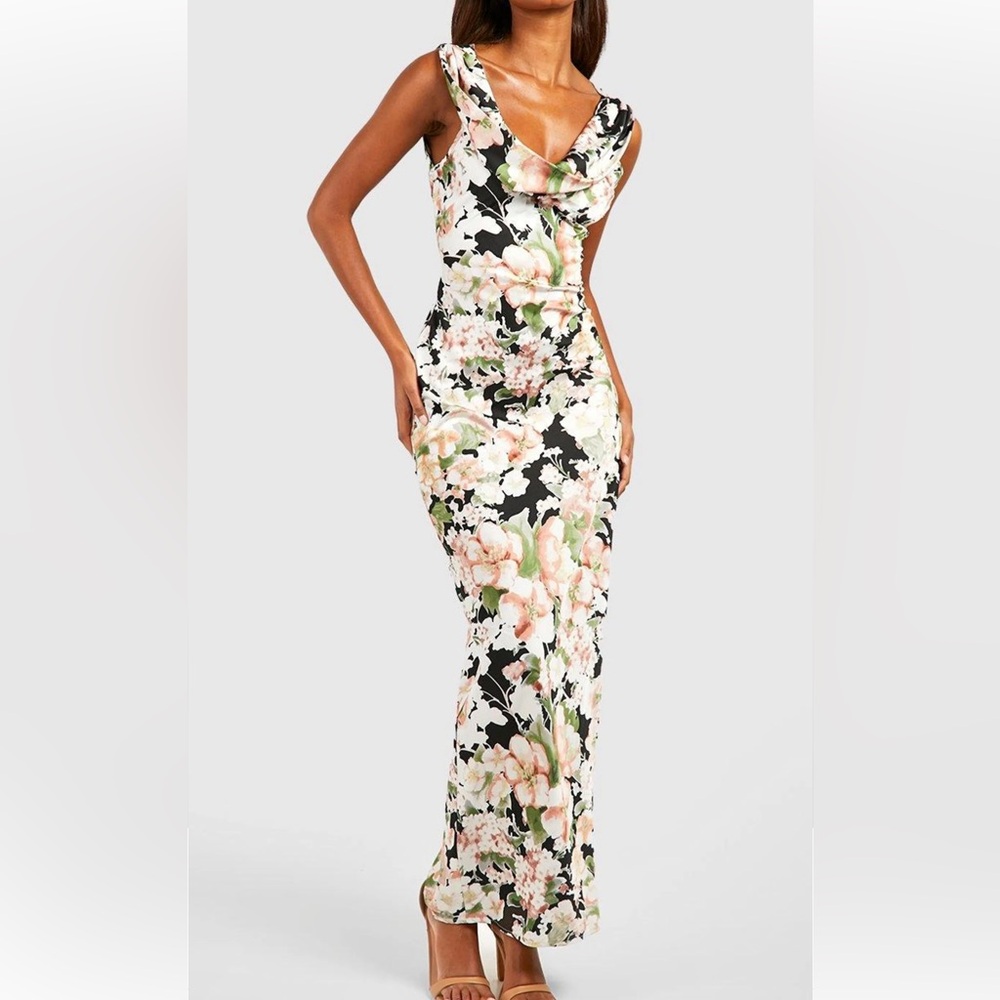 Boohoo Floral Print Cowl Neck Maxi Dress